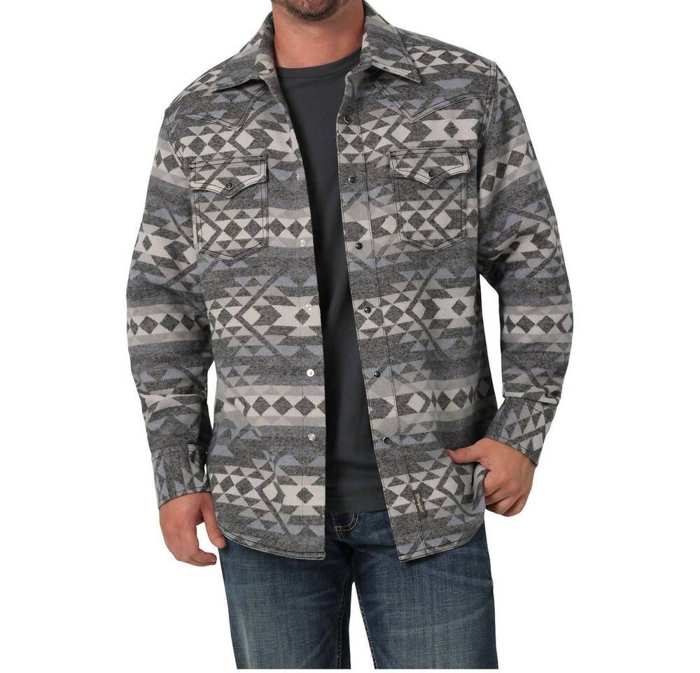 NEW WRANGLER retro long sleeve modern fit snap shirt in grey